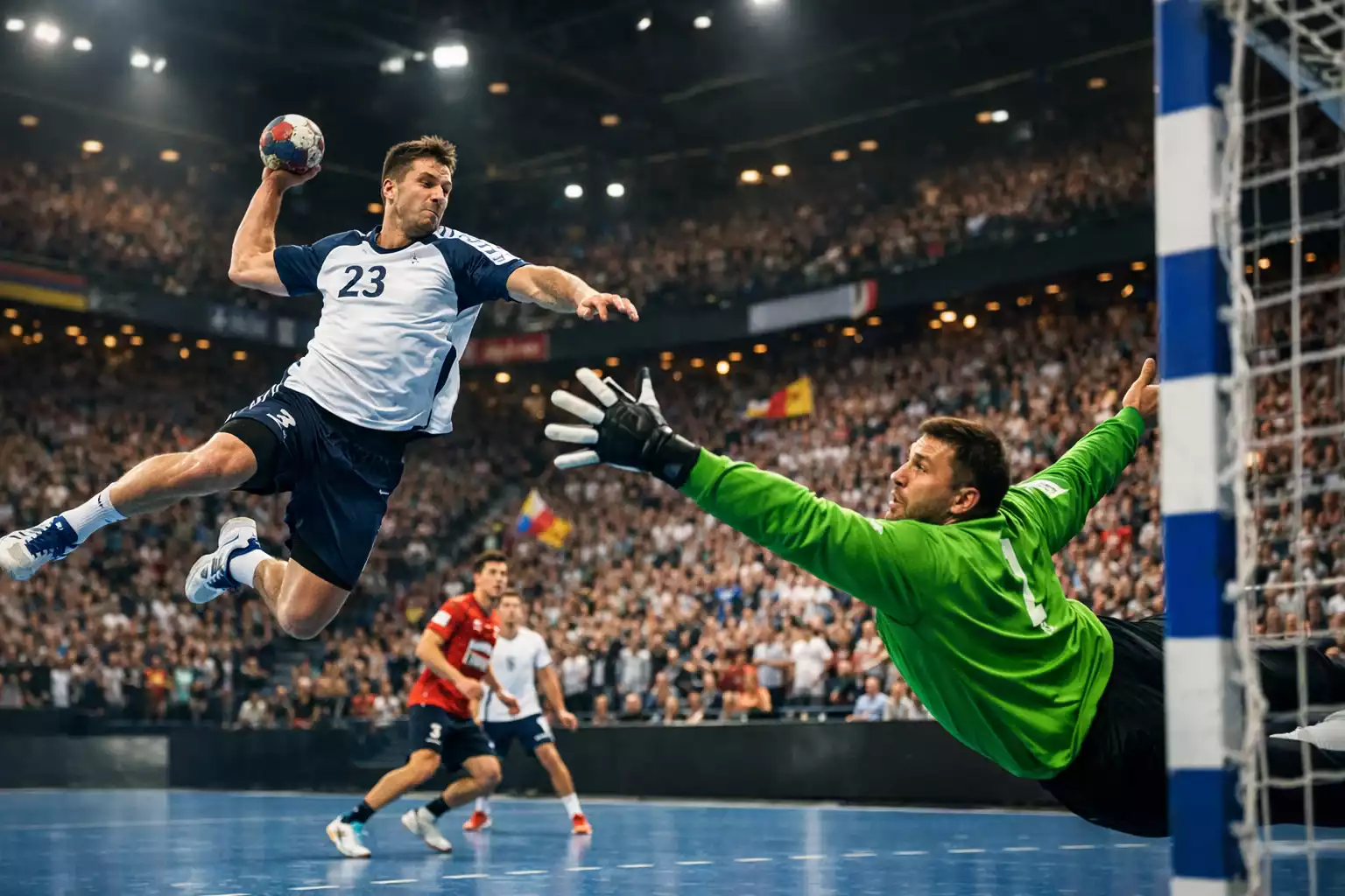Dynamische Spielszene aus der Handball-Bundesliga in einer voll besetzten Arena