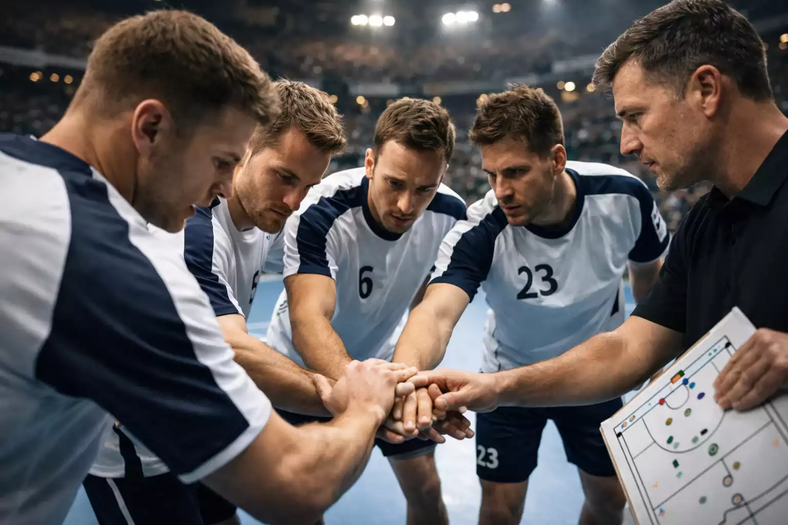 Handball-Topteam zeigt Teamgeist während einer Auszeit auf dem Spielfeld