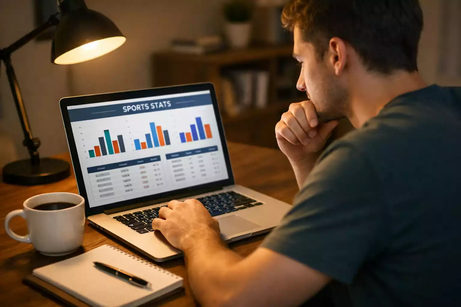 Person analysiert Handball-Statistiken und Wettmärkte am Laptop