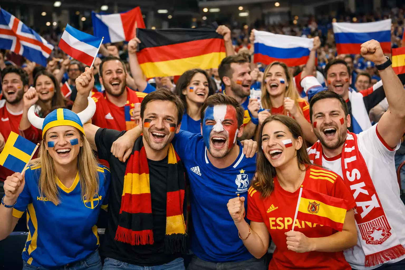 Vielfältige europäische Handball-Fans verschiedener Nationen feiern gemeinsam bei der EM