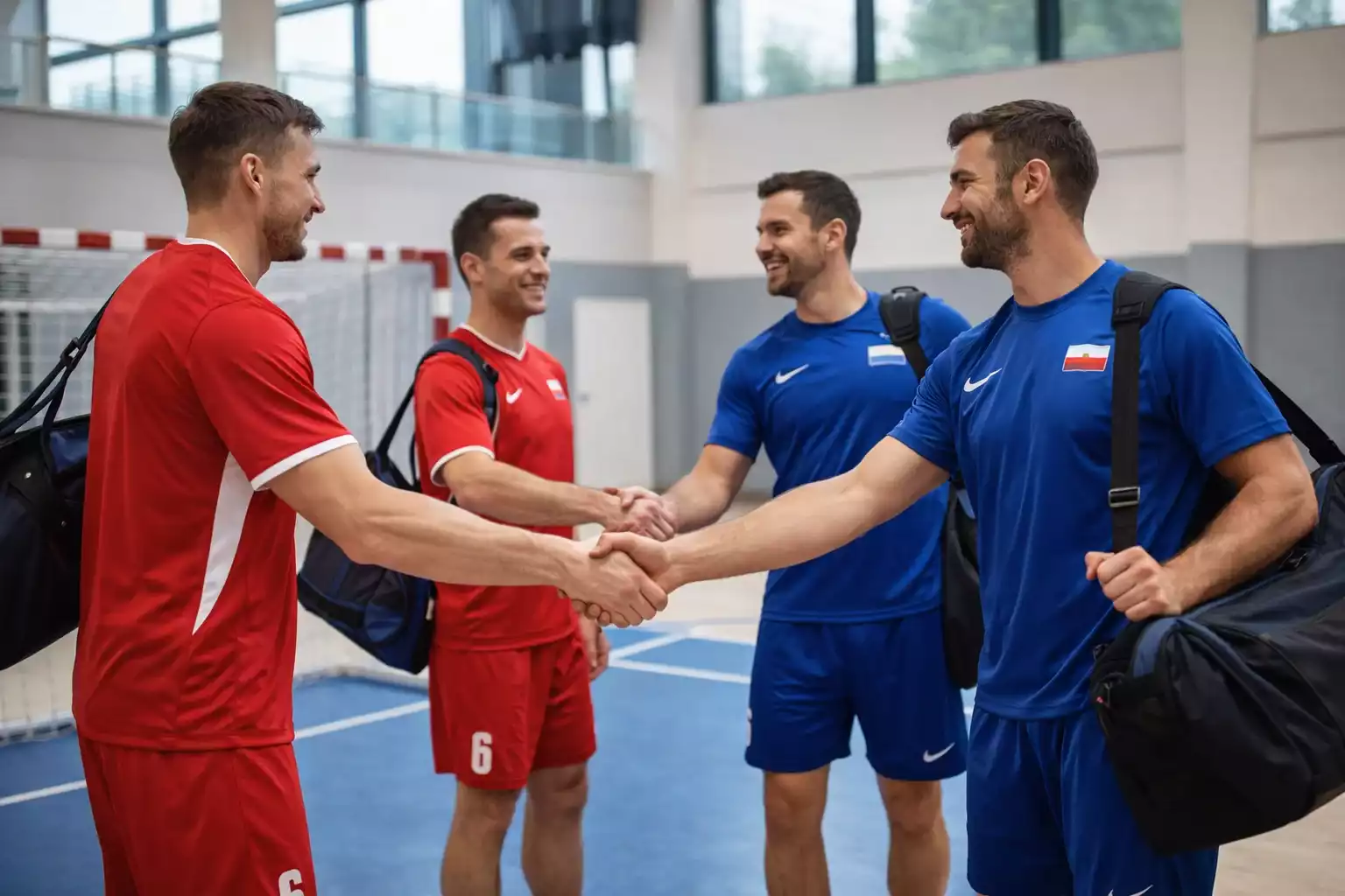 Spieler einer Handball-Nationalmannschaft treffen sich zum Training und lernen sich kennen