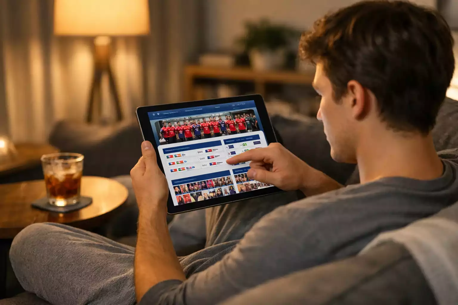 Person recherchiert Handball-Turnierinformationen auf dem Tablet für strategische Wettanalyse