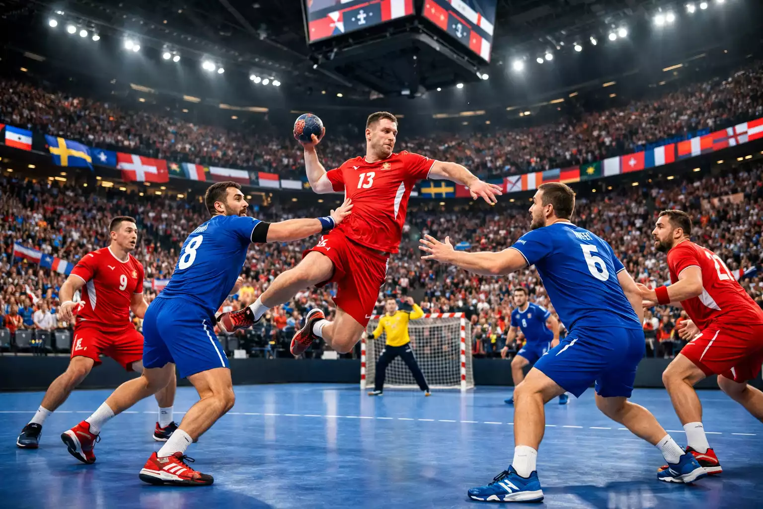 Internationale Handball-Turnieratmosphäre in einer großen Arena während WM oder EM