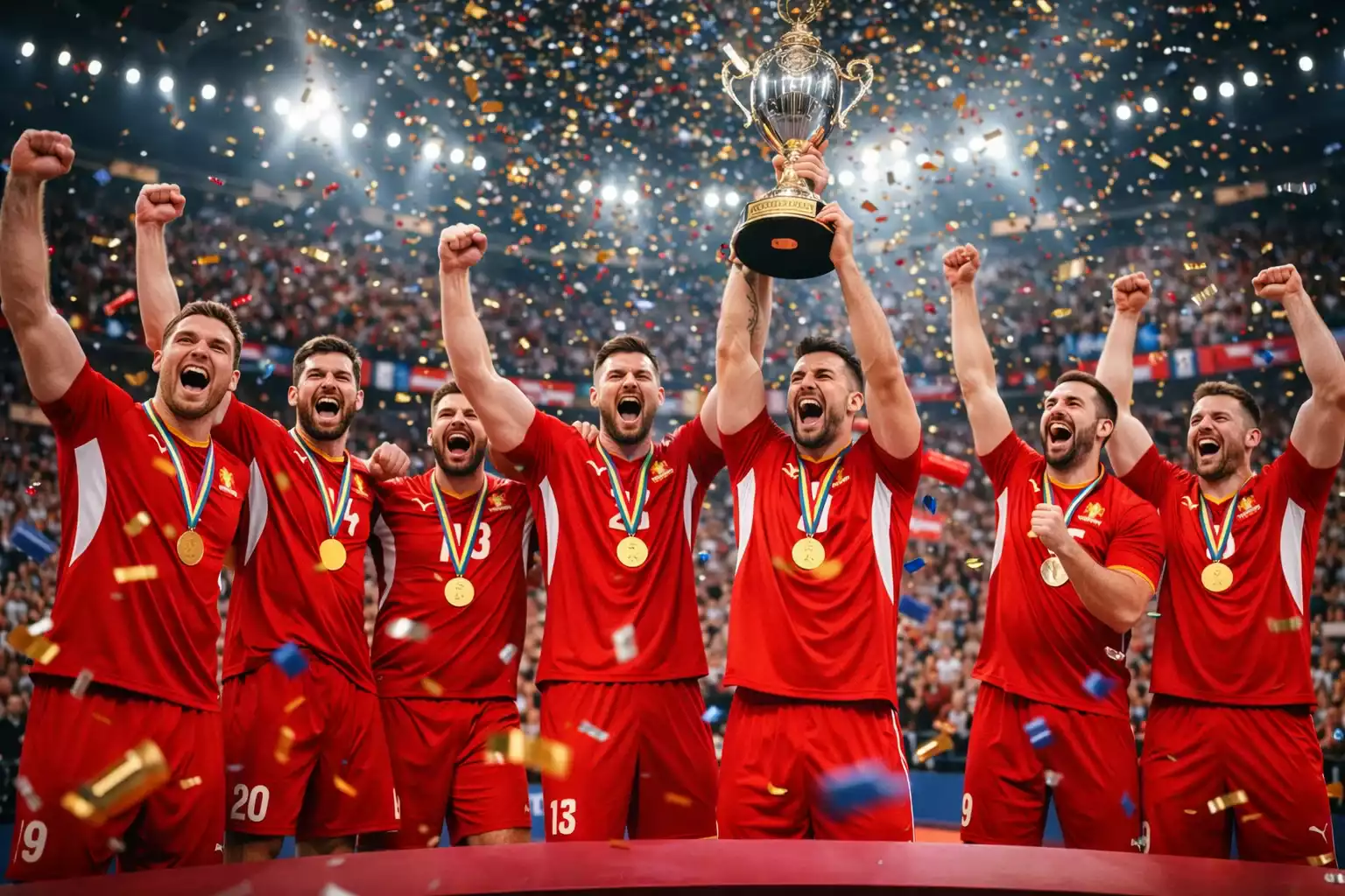 Siegerehrung bei der Handball-Weltmeisterschaft mit jubelnden Spielern und Goldmedaillen