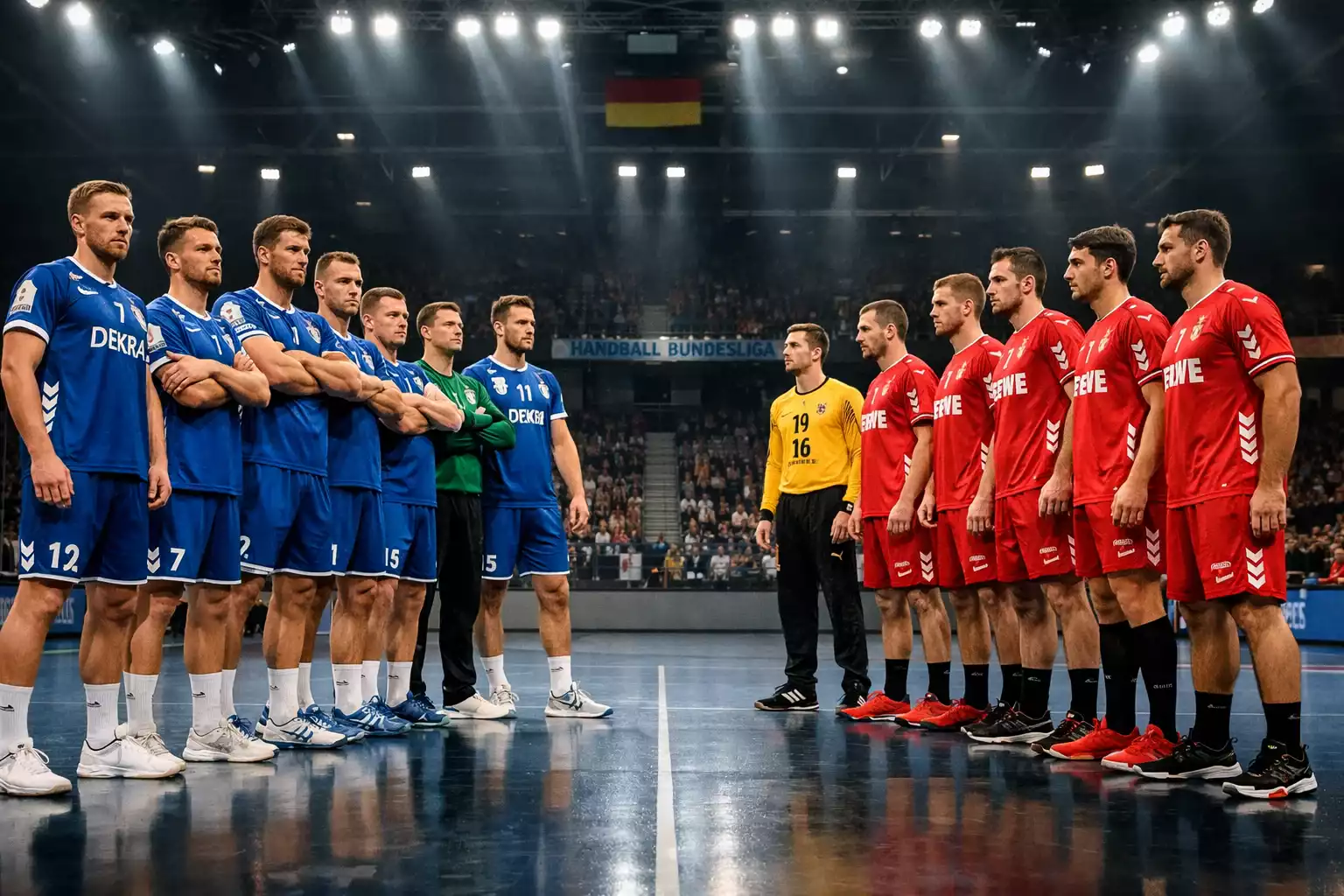 Zwei Handball-Teams stehen sich vor dem Spiel gegenüber in der Halle