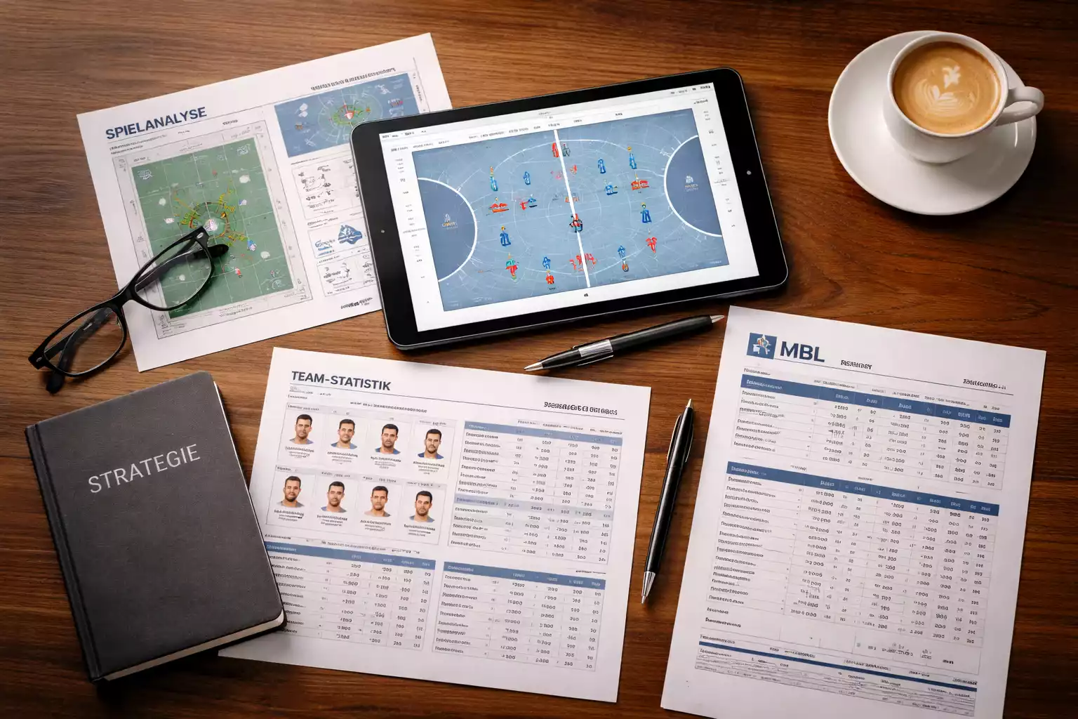 Organisierter Schreibtisch mit Handball-Analysematerialien und Teamstatistiken