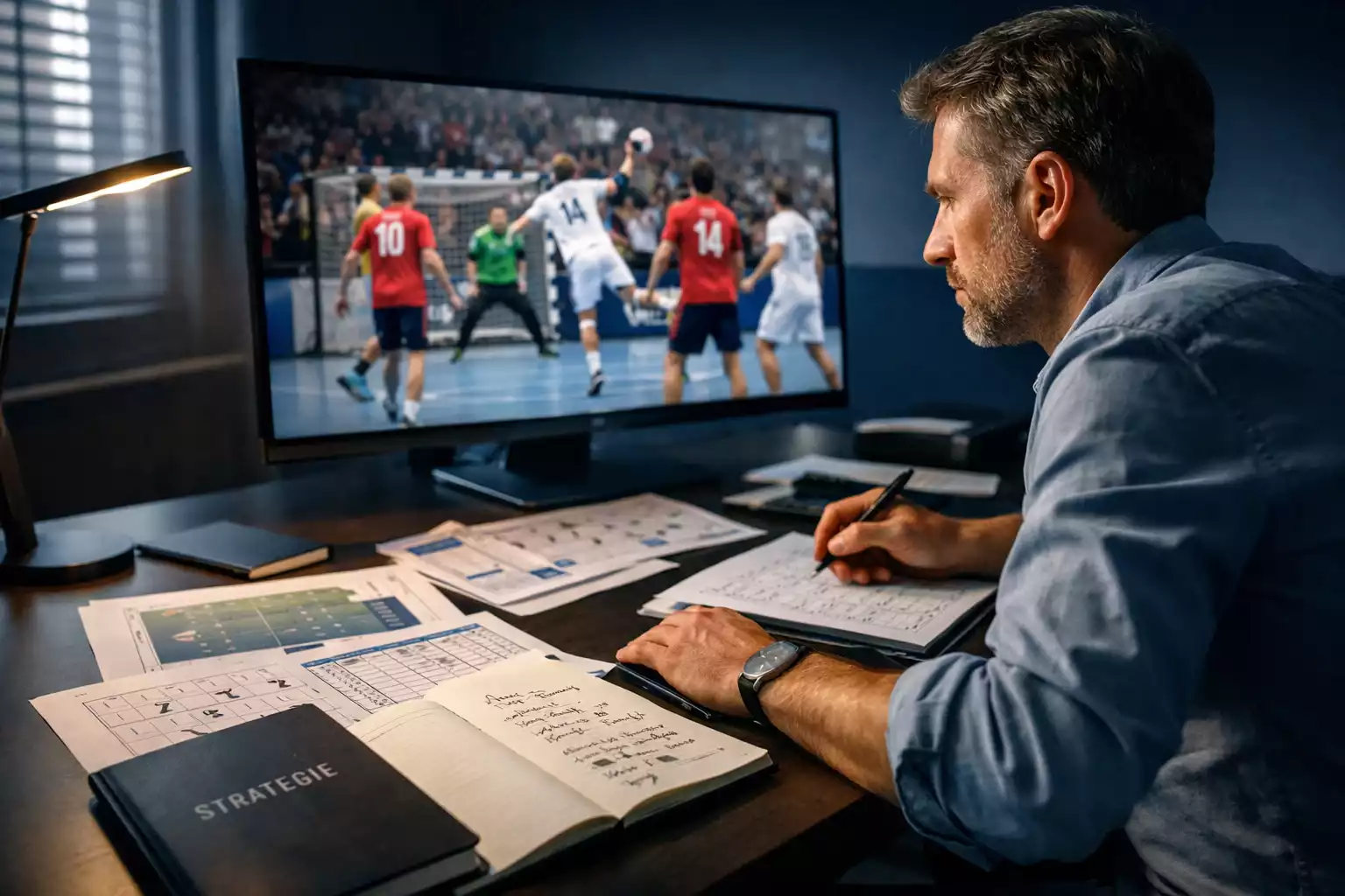 Professioneller Sportanalyst analysiert Handball-Wettstrategien am Schreibtisch