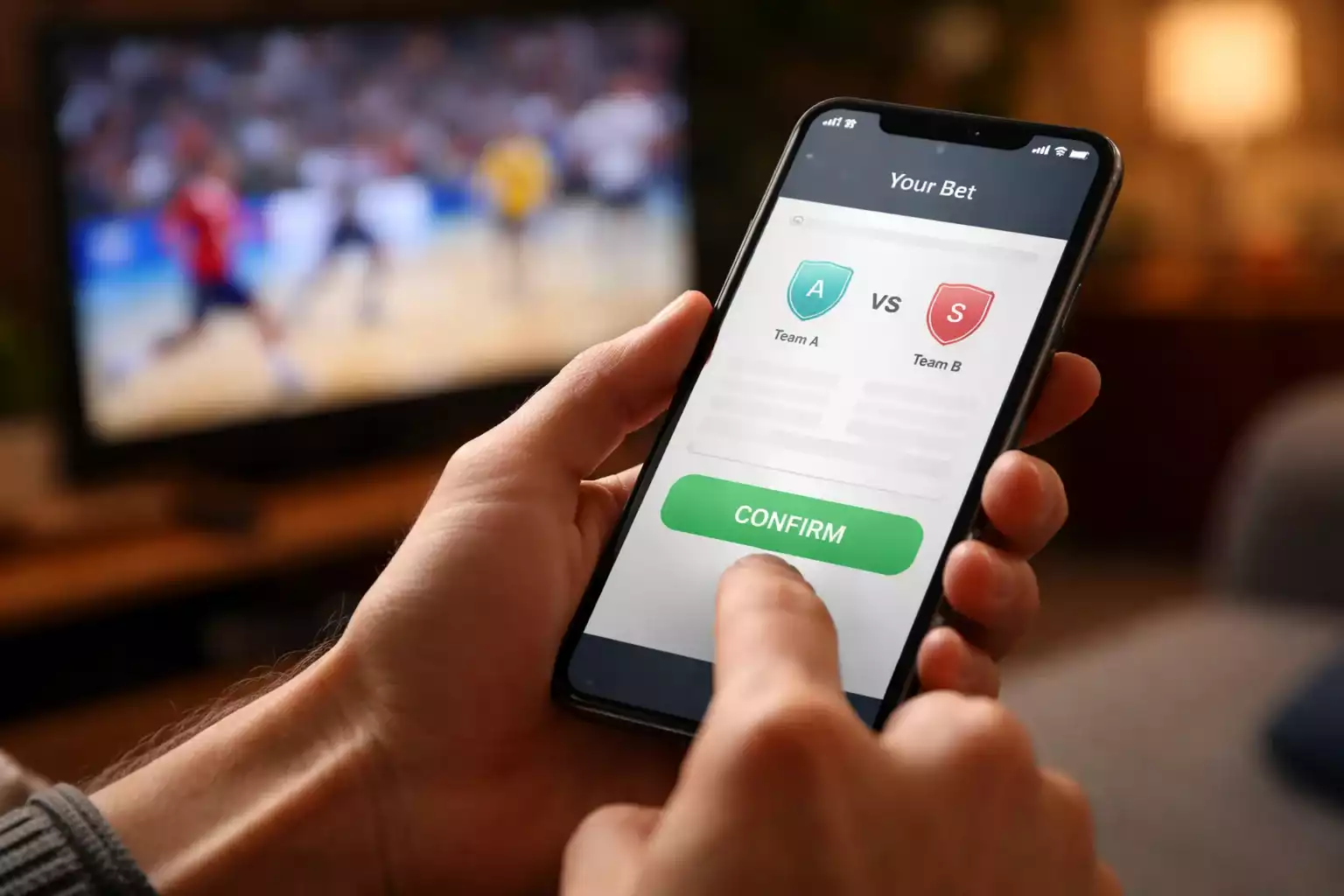 Hände halten Smartphone mit Sport-App während eines Handball-Spiels im Hintergrund