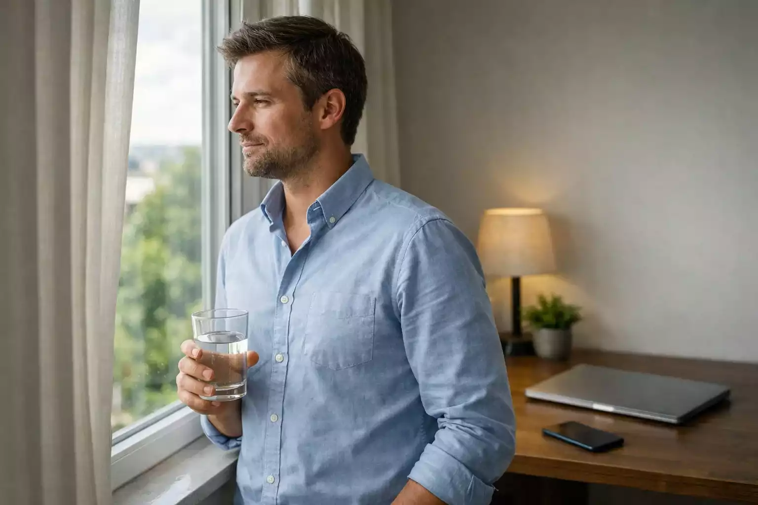 Person macht bewusste Pause am Fenster mit Glas Wasser für mentale Klarheit
