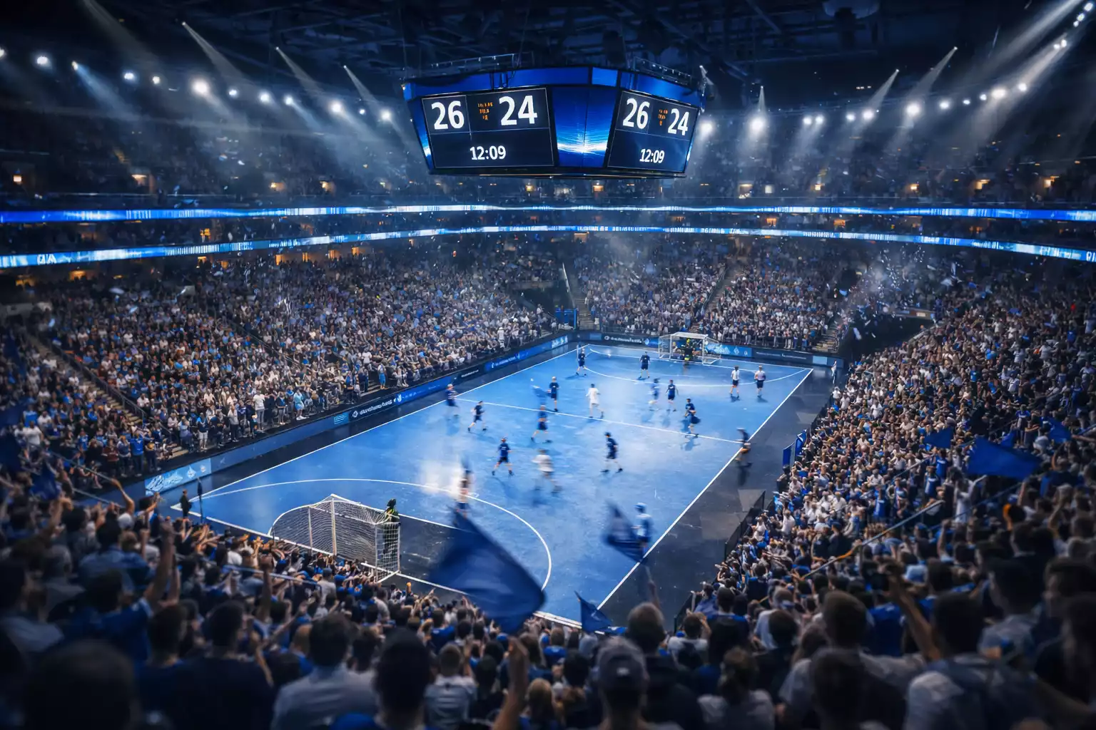 Moderne Handball-Arena während eines Abendspiels mit dynamischer Atmosphäre