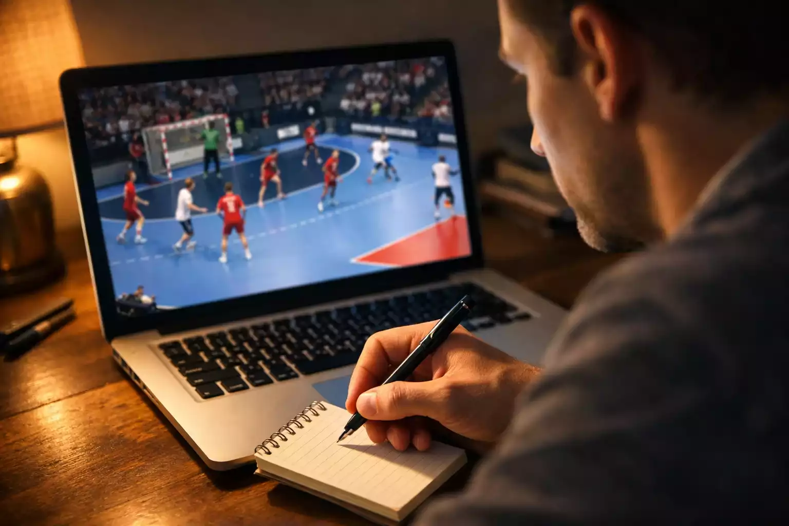 Fokussierte Person analysiert Handball-Spiel am Laptop und macht strategische Notizen
