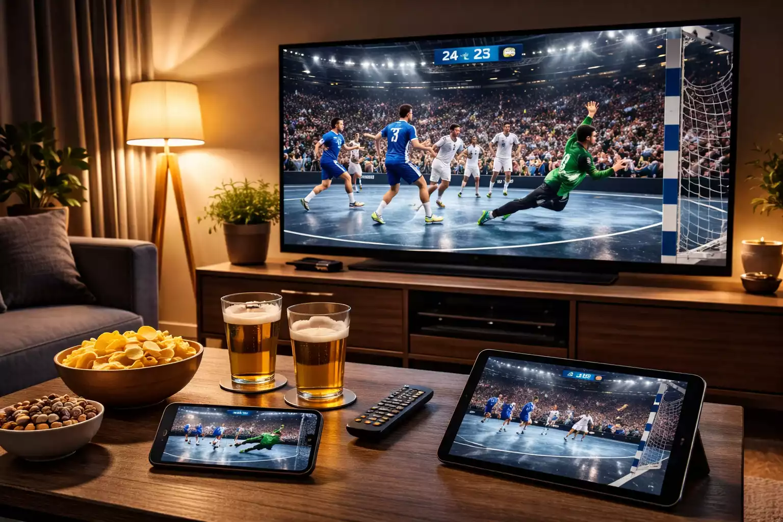 Modernes Home-Setup zum Verfolgen von Live-Handball mit TV, Smartphone und Tablet