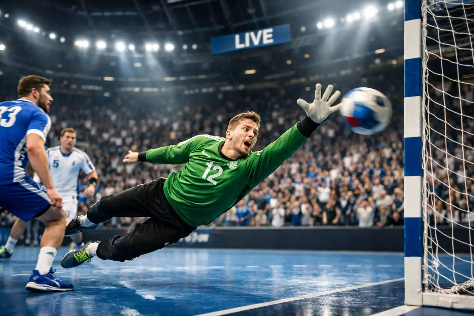 Spektakuläre Torwartparade während eines Handball-Bundesliga-Spiels in voller Arena