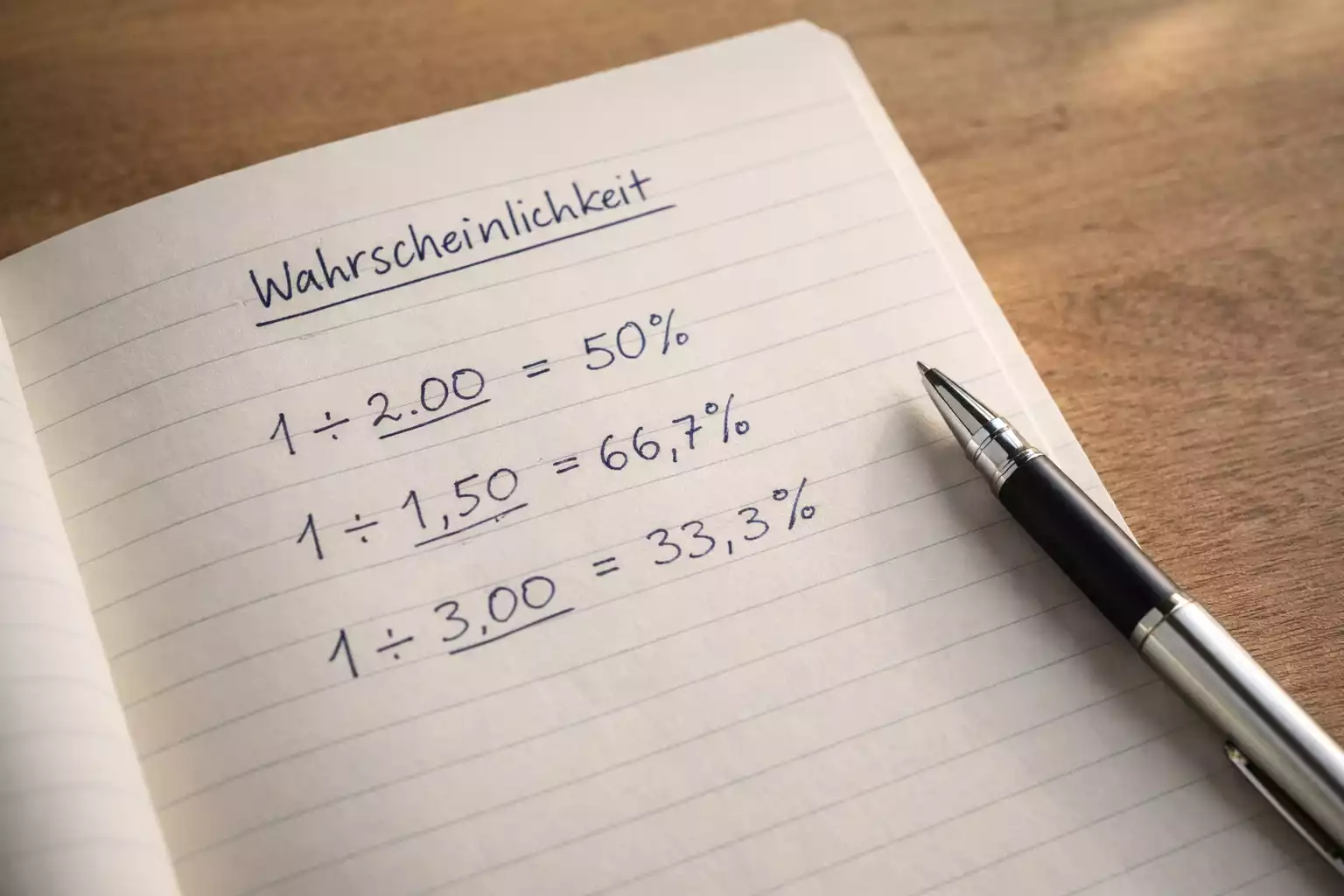 Notizbuch mit handgeschriebenen Quotenberechnungen und Wahrscheinlichkeitsformeln