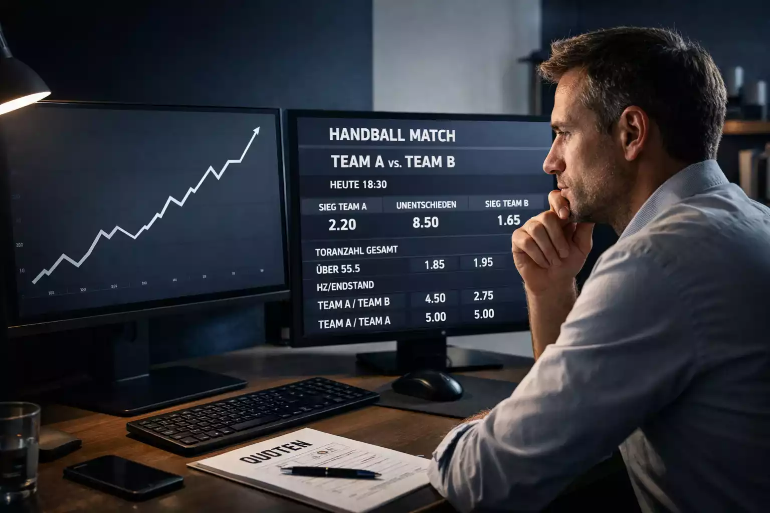 Professioneller Analyst vergleicht Sportwetten-Quoten auf mehreren Bildschirmen