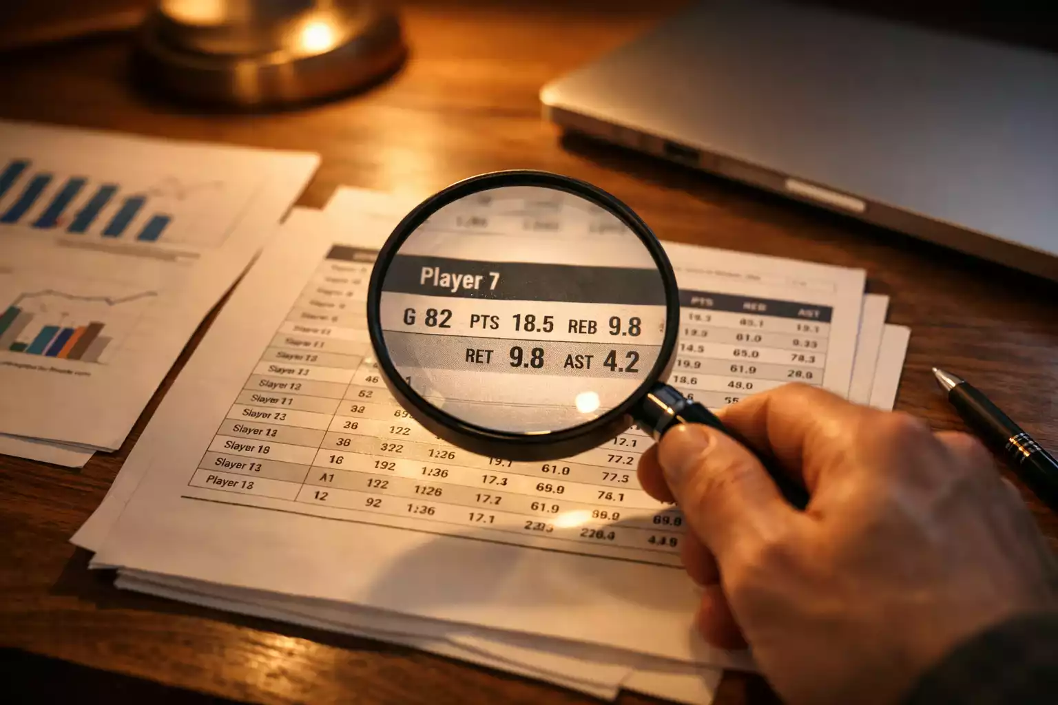 Hand mit Lupe untersucht Sportstatistiken auf der Suche nach Value Bets