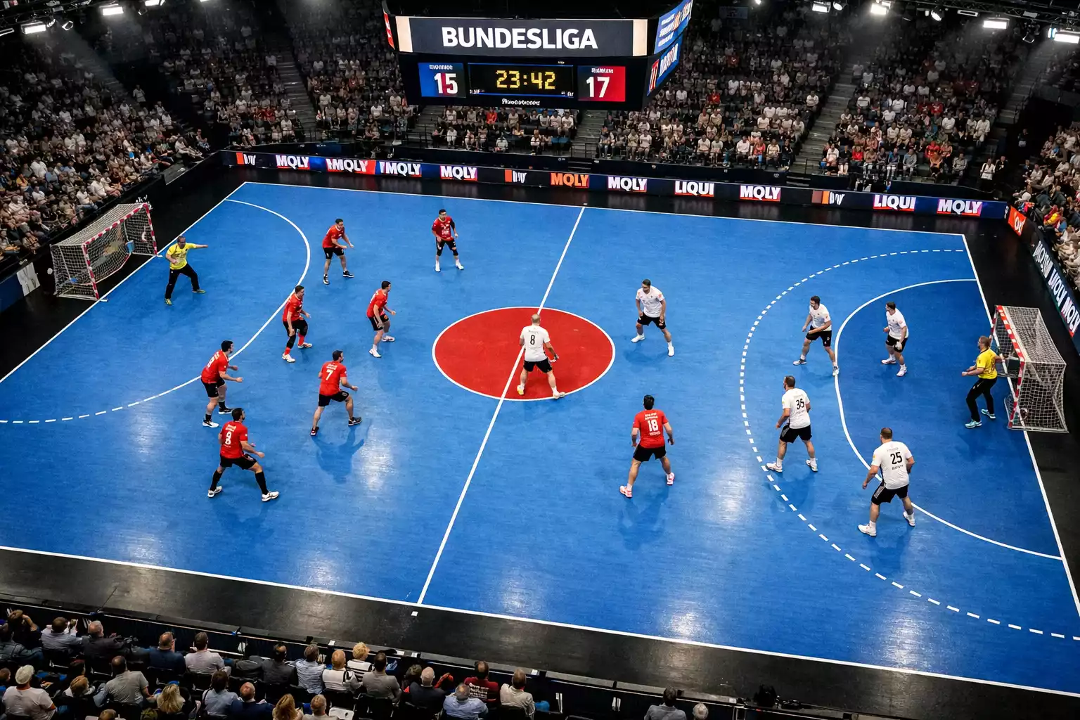 Professionelles Handball-Spielfeld während eines Bundesliga-Spiels