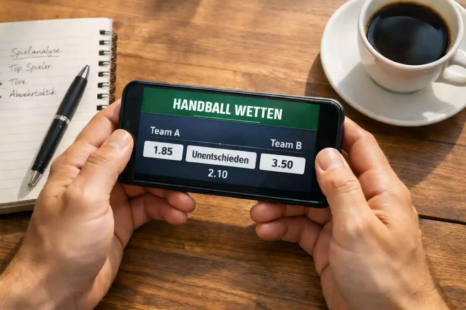 Sportwetten-App auf Smartphone mit Handball-Quoten und Notizbuch